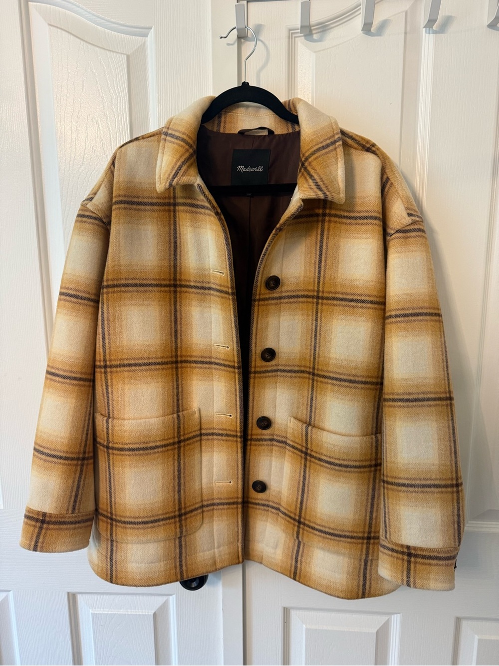 Madewell Plaid Wool Blend Coat Jacket L Mustard Cream Oversized Grandpa Core